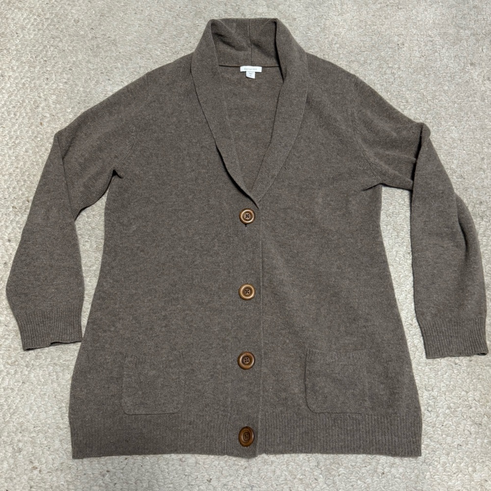 Garnet Hill mocha brown button up cardigan shawl collar mid-thigh lambswool XL